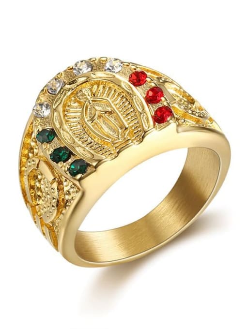 Gold Titanium Steel Rhinestone Religious Vintage Band Ring For Men