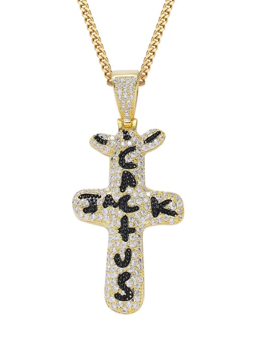 Gold +CUBAN CHAIN Brass Cubic Zirconia Cross Hip Hop Necklace