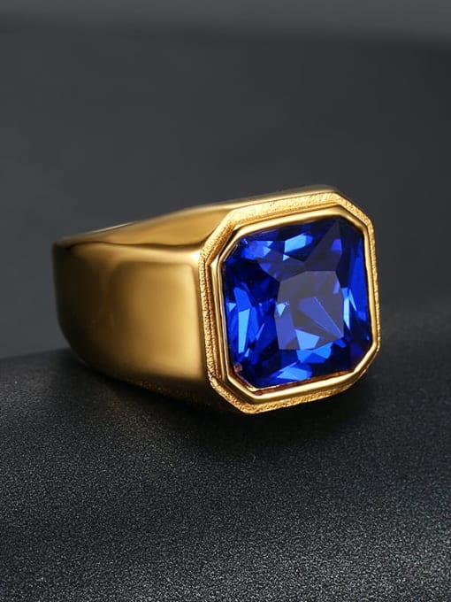 Gold Blue Gem Titanium Glass Stone Geometric Vintage Solitaire Ring