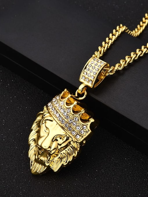 Gold (including chain) Alloy Cubic Zirconia Crown  lion Hip Hop Necklace
