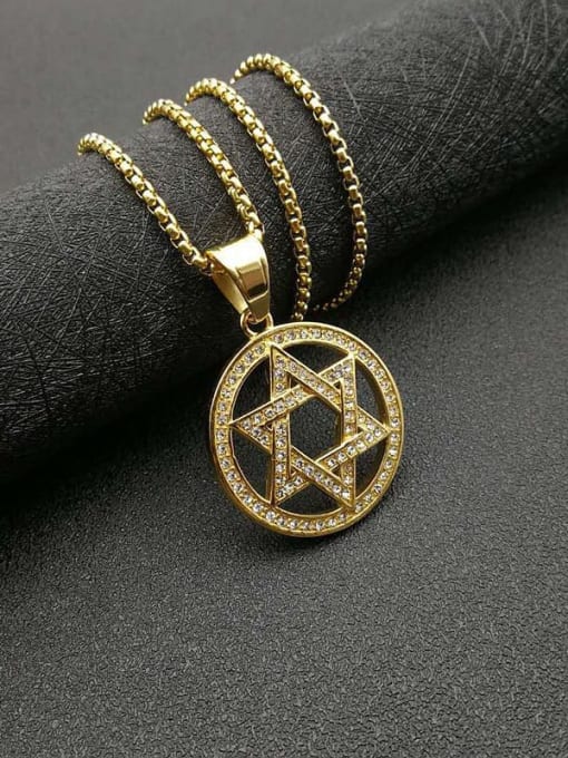 Gold+Chain：3mm*61cm Titanium Steel Rhinestone Hollow Star Vintage Necklace For Men