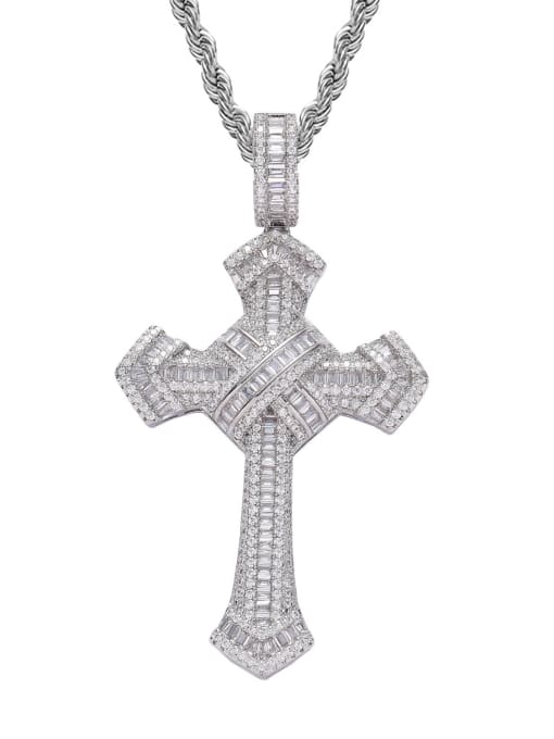 steel color +Chain Brass Cubic Zirconia Cross Hip Hop Necklace