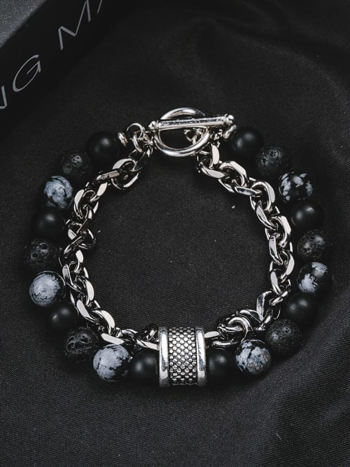 WOLF Titanium Steel Obsidian Geometric Hip Hop Beaded Bracelet 2