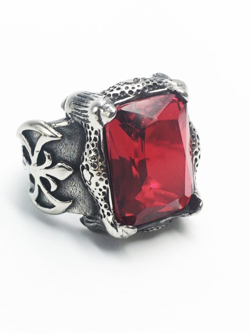 Steel red gem Stainless steel Glass Stone  Retro geometry  Solitaire Ring