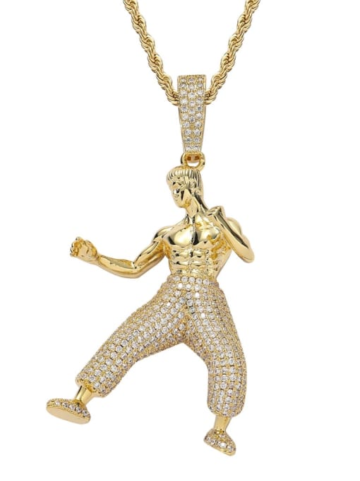 golden Brass Cubic Zirconia Chinese Kung Fu Bruce Lee Hip Hop Necklace