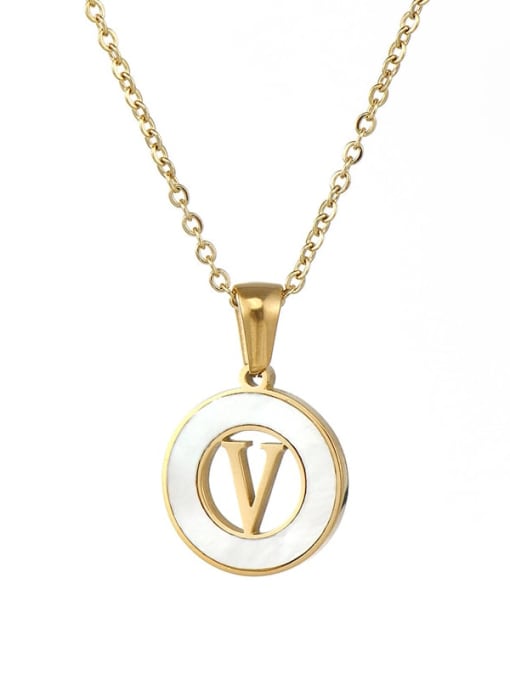 Ring white shell V Stainless steel Shell Letter Minimalist Round Pendant Necklace