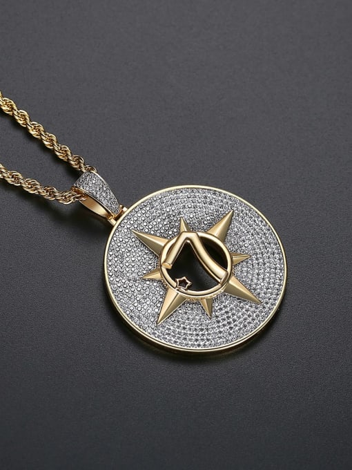 Teem Men Brass Compass Cubic Zirconia Round Hip Hop Necklace 1