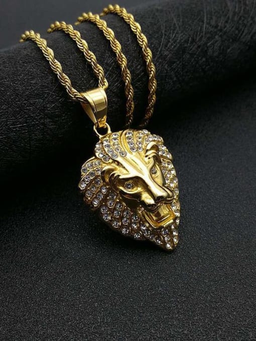 Gold Necklace Titanium Rhinestone Lion Hip Hop Necklace For Men