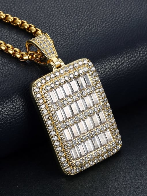 Gold with chain Copper Cubic Zirconia Rectangle Hip Hop Pendant  Necklace