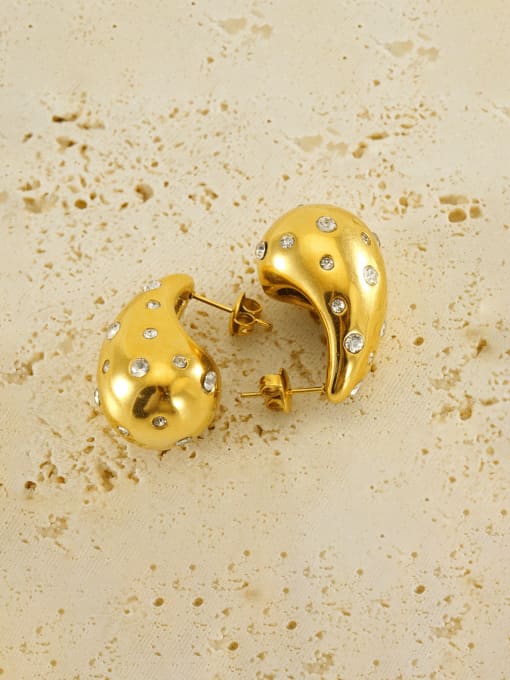 Brick inlaid droplet shaped gold Stainless steel Rhinestone Water Drop Hip Hop Stud Earring