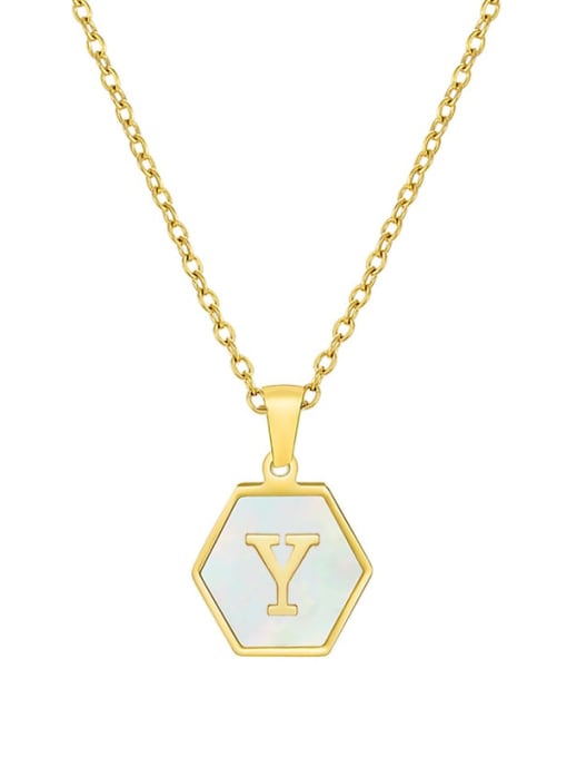 Y Stainless steel  English Letter Minimalist Shell Hexagon Pendant Necklace
