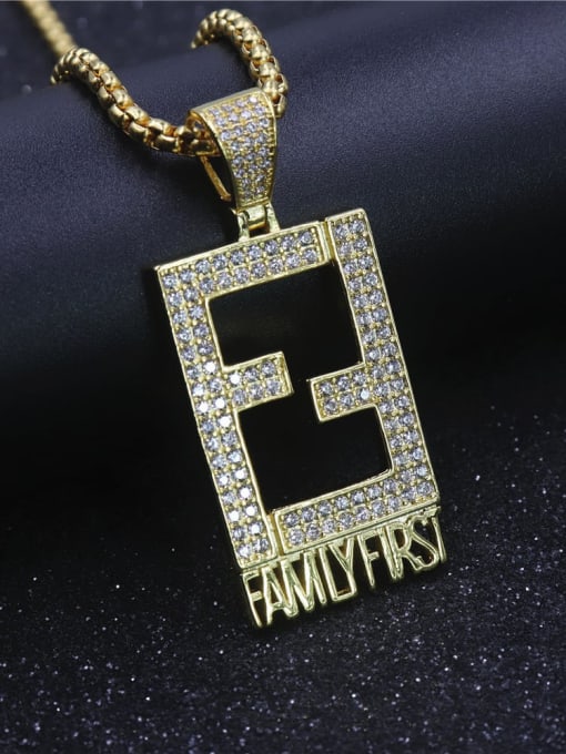Gold with chain Copper Cubic Zirconia Rectangle Hip Hop Initials Pendant Necklace