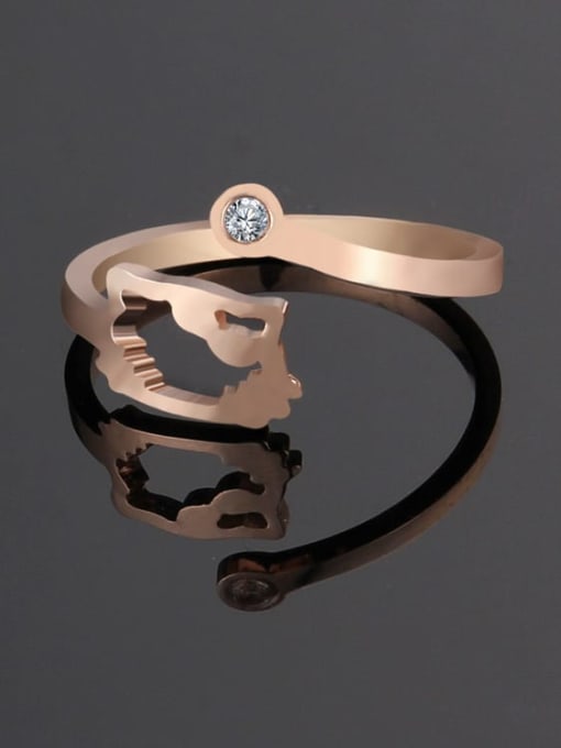 rose gold Titanium Steel Rhinestone Hollow Cat Minimalist Band Ring