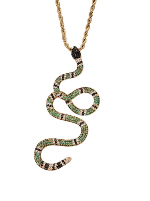 Green Golden Snake +Chain Brass Cubic Zirconia Snake Hip Hop Necklace