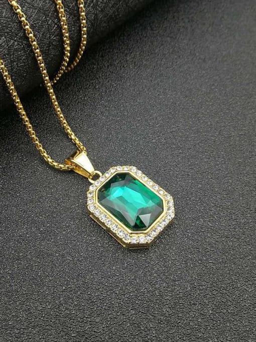 Green glass stone necklace Titanium Glass Stone Rectangle Hip Hop Necklace For Men