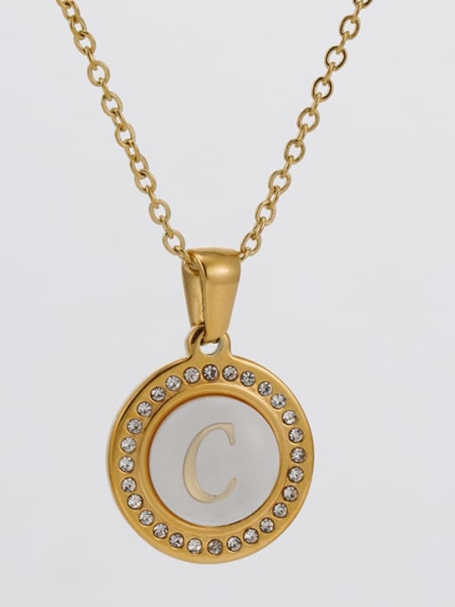 C Stainless steel Rhinestone  Minimalist Letter Round Pendant Necklace