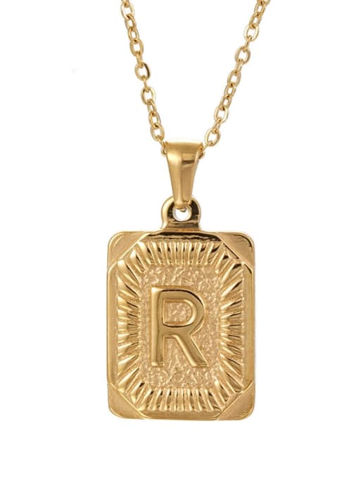 Golden R Stainless steel English Letter  Vintage Square Pendant Necklace