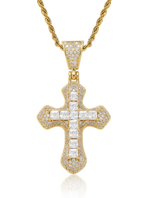 Gold ( 3mm *60cm   Twists chain) Brass Cubic Zirconia Cross Hip Hop Regligious Necklace
