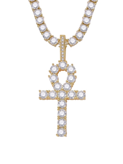 Golden +CUBAN CHAIN Brass Cubic Zirconia Cross Hip Hop Necklace