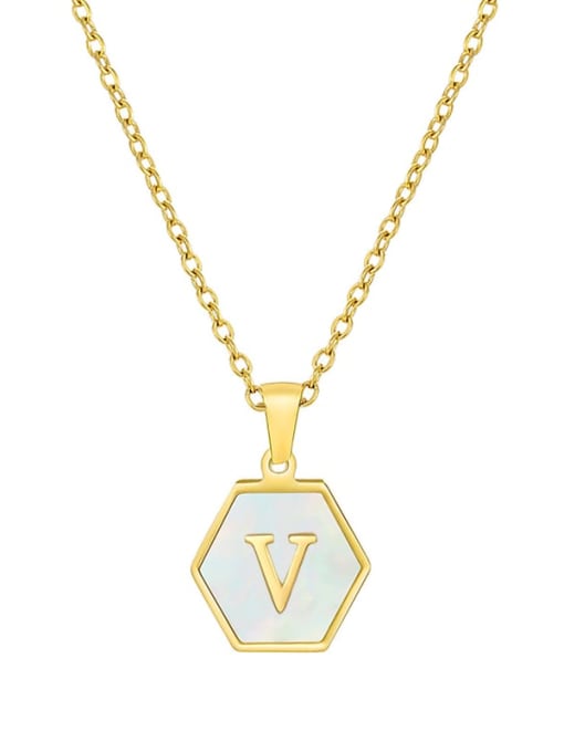 V Stainless steel  English Letter Minimalist Shell Hexagon Pendant Necklace