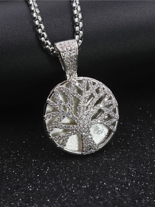 Silver with chain Copper Cubic Zirconia Tree Hip Hop Pendant  Necklace