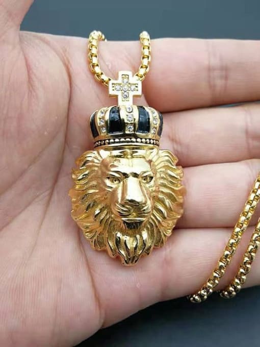 HI HOP Titanium Rhinestone Lion Crown Hip Hop Necklace For Men 4