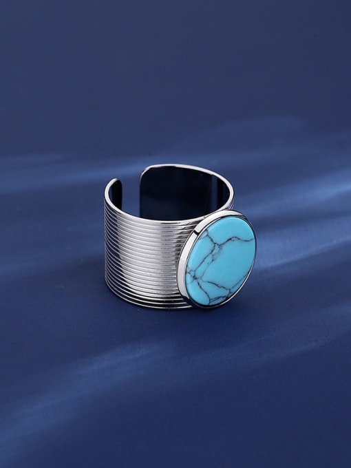 TR22091504 Rh Titanium Steel Turquoise Geometric Trend Band Ring