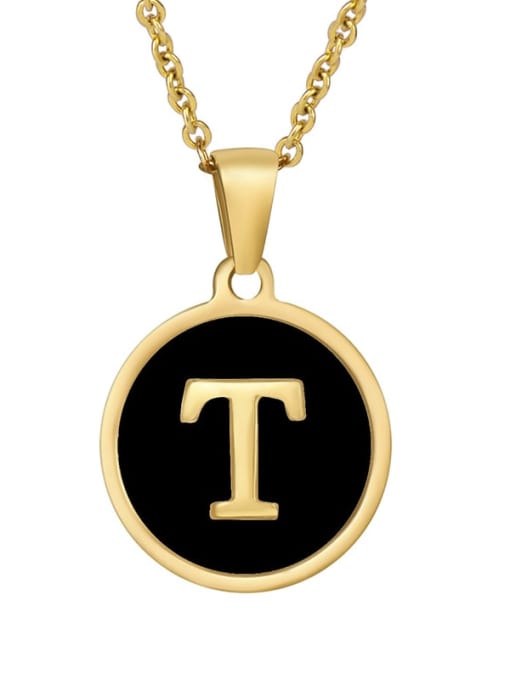 Golden t Titanium Steel Enamel Letter Minimalist  Round Pendant Necklace