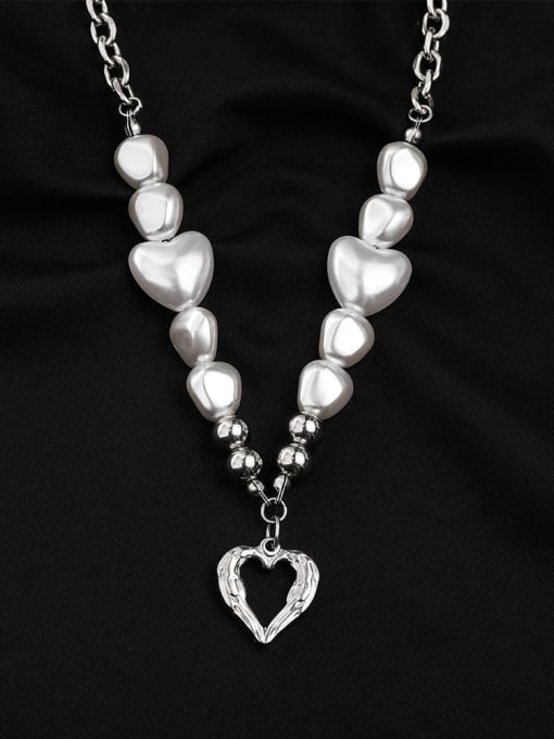 WOLF Titanium Steel Freshwater Pearl Heart Hip Hop Necklace 0