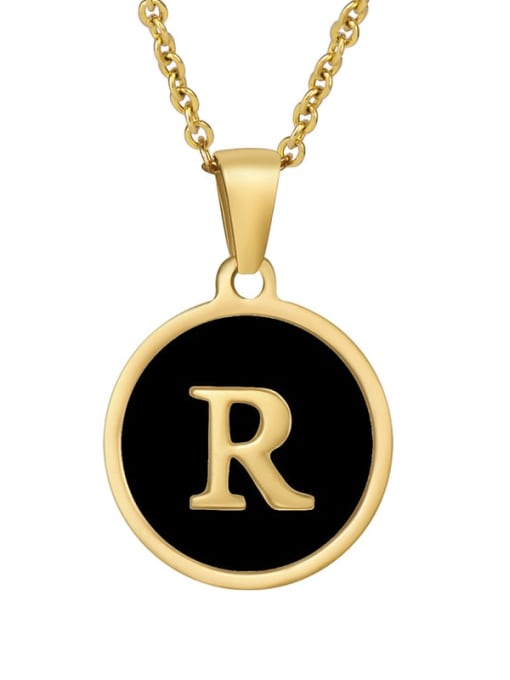 Golden R Titanium Steel Enamel Letter Minimalist  Round Pendant Necklace