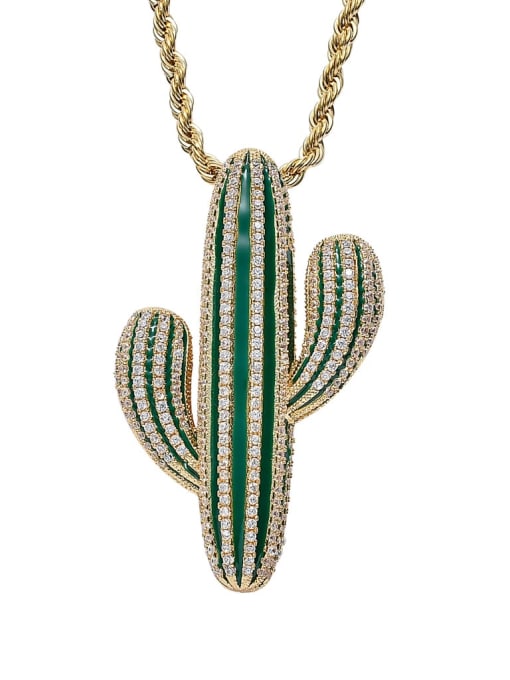 MAHA Brass Cubic Zirconia Green Enamel Cactus Hip Hop Necklace 1