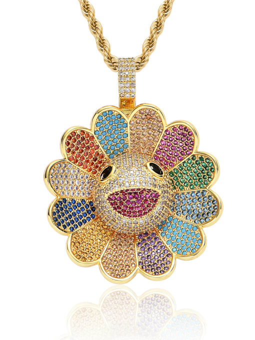 Colorful flower gold+ chain Brass Cubic Zirconia Flower Hip Hop Necklace