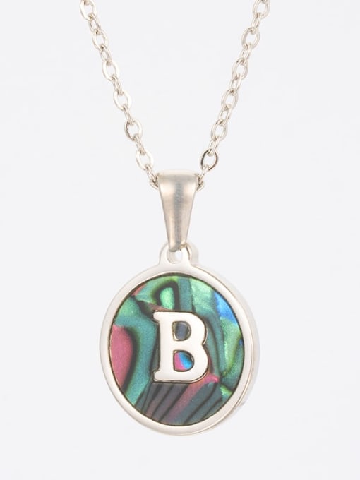 Steel colored  shell B Stainless steel Shell Letter Minimalist  Round Pendant Necklace