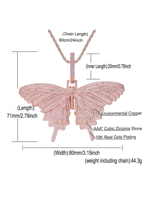 Pink+ Tennis chain 4mm20 inches Brass Cubic Zirconia Butterfly Hip Hop Necklace