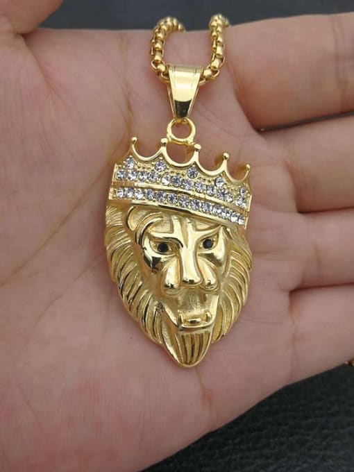 HI HOP Titanium  Lion Rhinestone Crown Hip Hop Necklace For Men 1