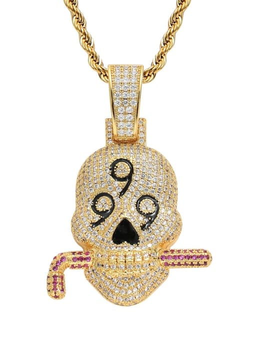 Golden +stainless steel twist chain Brass Cubic Zirconia Skull Hip Hop Necklace