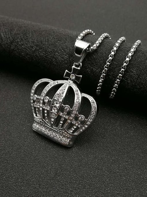 Steel color+Chain:3mm*61cm Titanium Steel Rhinestone Crown Vintage Necklace For Men
