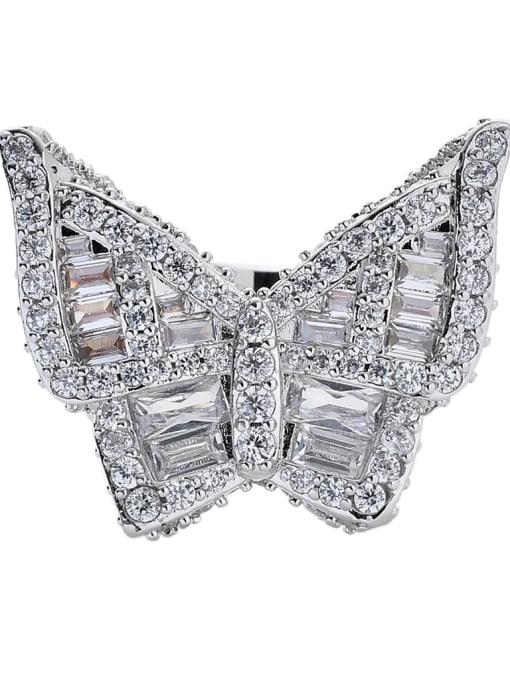 Steel color Brass Cubic Zirconia Butterfly Hip Hop Band Ring