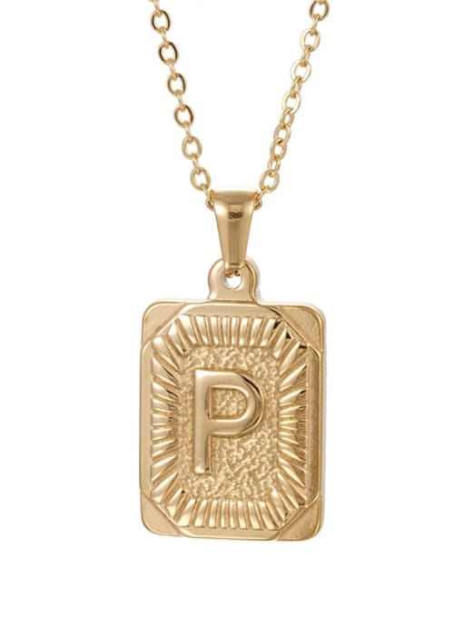 Golden p Stainless steel English Letter  Vintage Square Pendant Necklace
