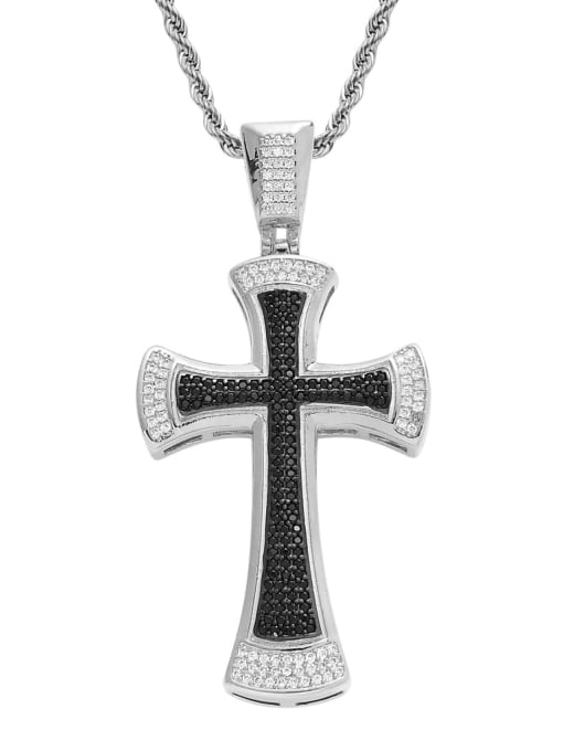 steel color +Chain Brass Cubic Zirconia Black Cross Hip Hop Necklace
