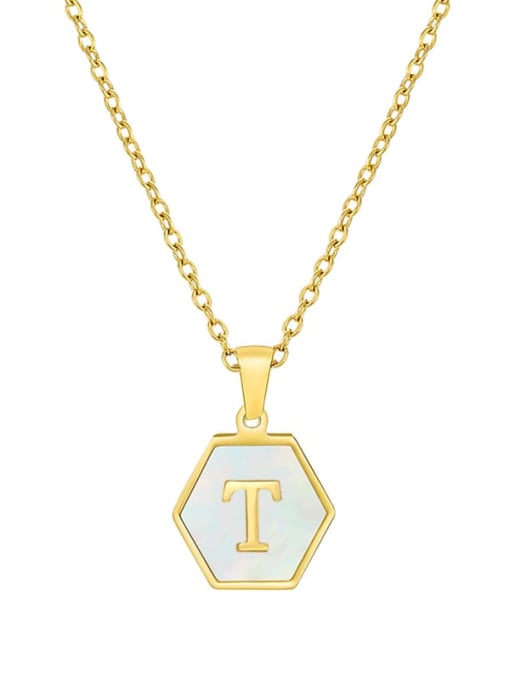 T Stainless steel  English Letter Minimalist Shell Hexagon Pendant Necklace