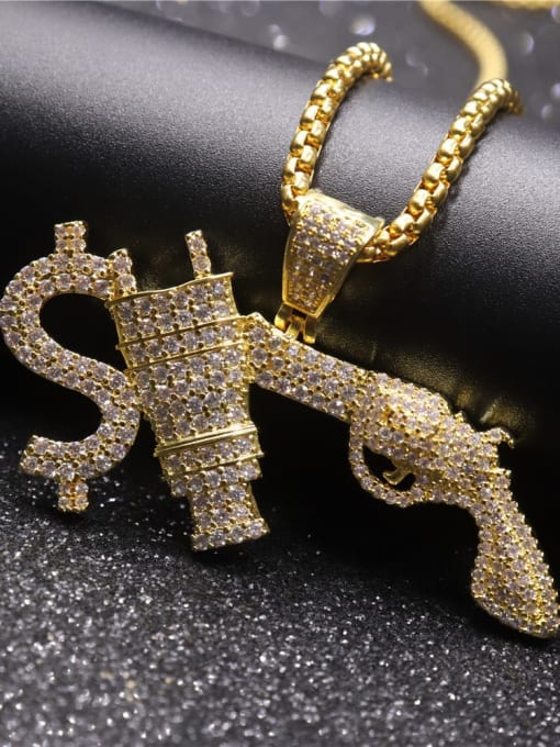 Gold with chain Copper Gun Cubic Zirconia Irregular Hip Hop Initials  Pendant Necklace