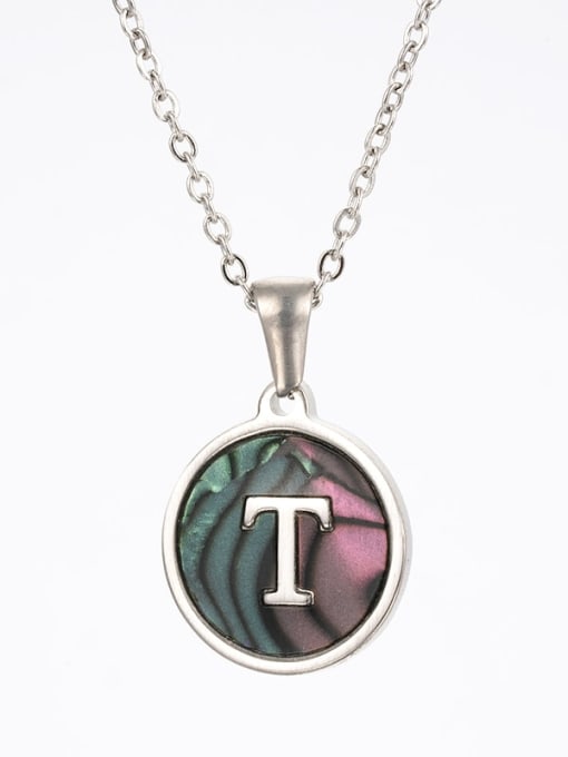 Steel color shell t Stainless steel Shell Letter Minimalist  Round Pendant Necklace
