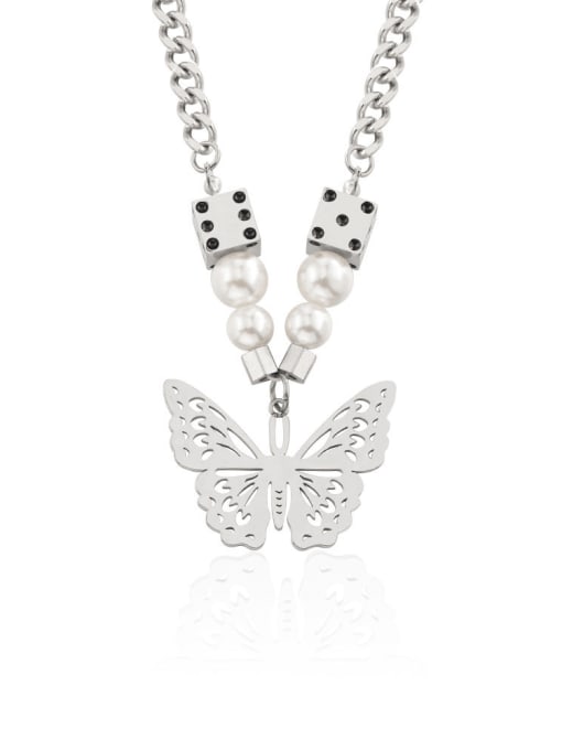 WOLF Titanium Steel Imitation Pearl Butterfly Hip Hop Necklace 0