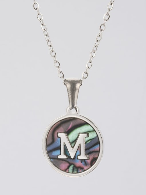 Steel color shell M Stainless steel Shell Letter Minimalist  Round Pendant Necklace
