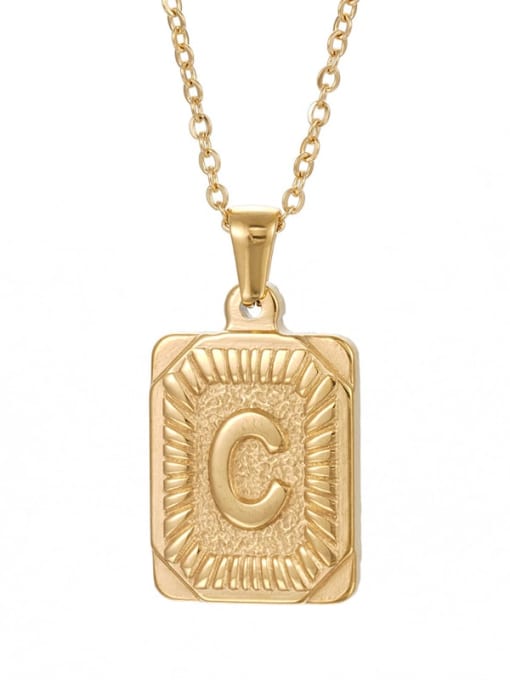 Golden C Stainless steel English Letter  Vintage Square Pendant Necklace