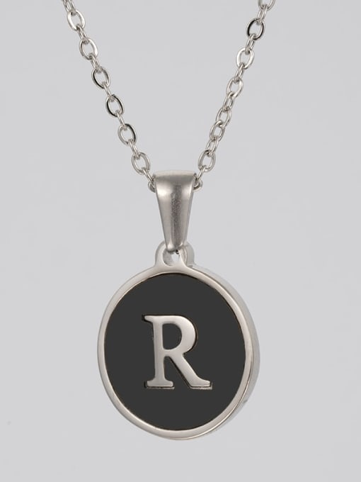 Steel Black R Stainless steel Acrylic Letter Minimalist Round Pendant Necklace