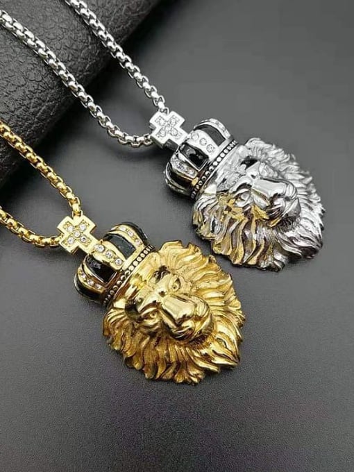 HI HOP Titanium Rhinestone Lion Crown Hip Hop Necklace For Men 0