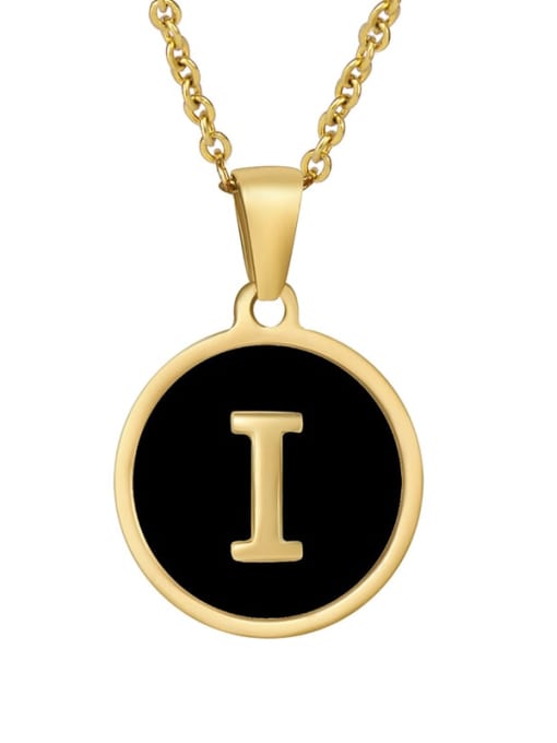Golden I Titanium Steel Enamel Letter Minimalist  Round Pendant Necklace
