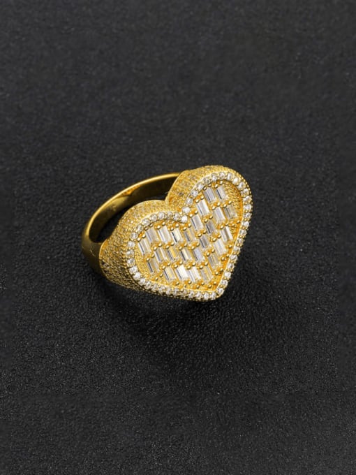 golden Brass Cubic Zirconia Heart Hip Hop Band Ring